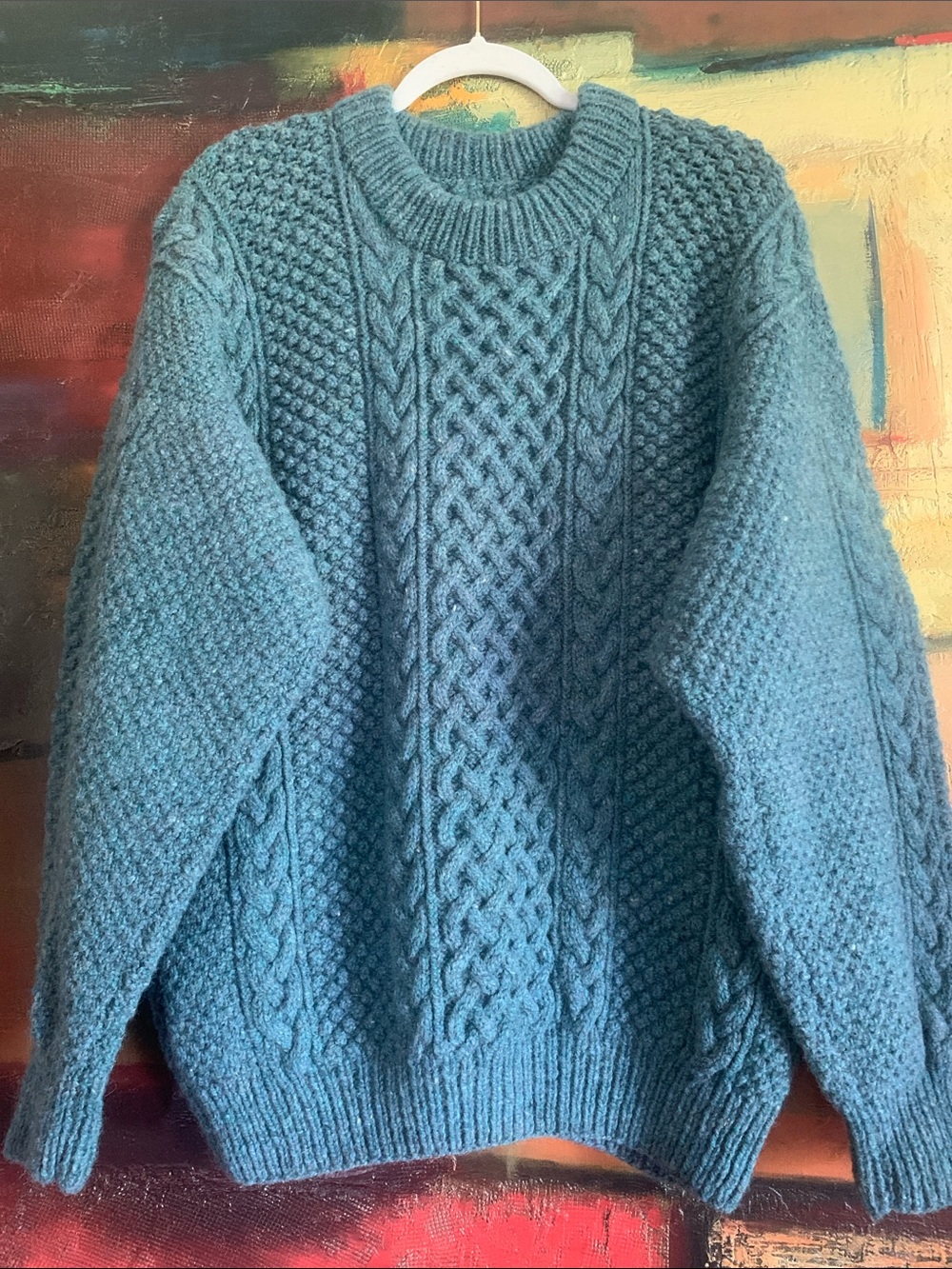 Handmade Wool Cable Knit Crew Neck Sweater, Sz L/XL